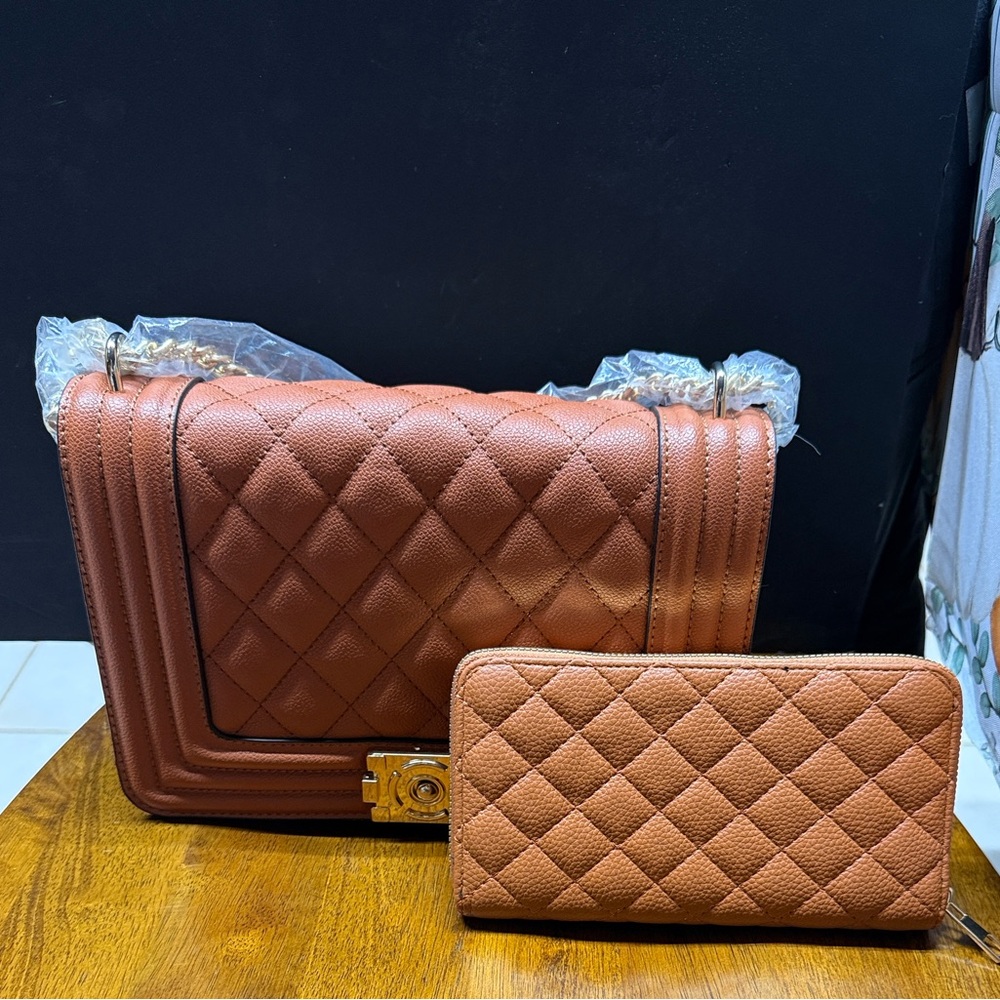 NEW Vegan Soft Elegant Quilted Brown Handbag and Wallet Set with Gold Chain